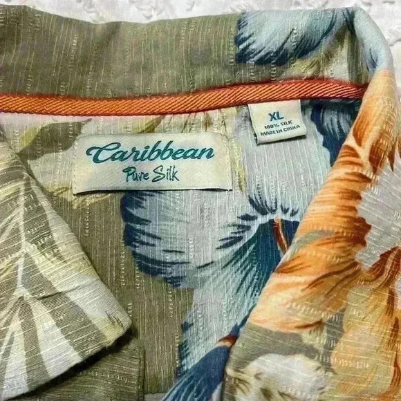 Caribbean Pure Silk 100% Silk Floral Hawaiian Button Down Shirt. Men's Size XL - Picture 3 of 10